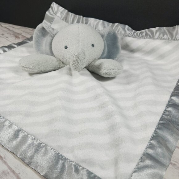 Cloud Island Baby Lovey Gray Elephant Plush Satin-Lined G/W Striped Blanket 14" - Picture 6 of 13